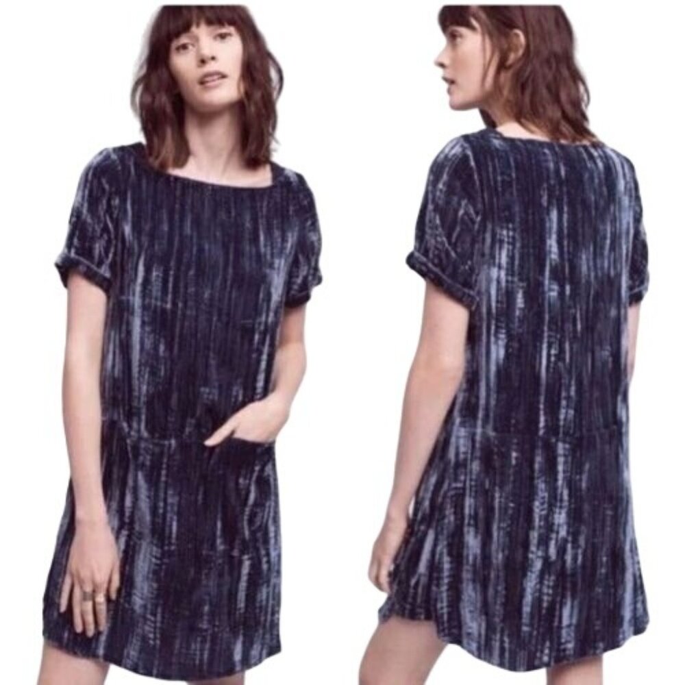 Floreat Anthropologie Blue Crushed Velvet Front Pocket Dress, NWOT, Sz XS - Picture 1 of 10